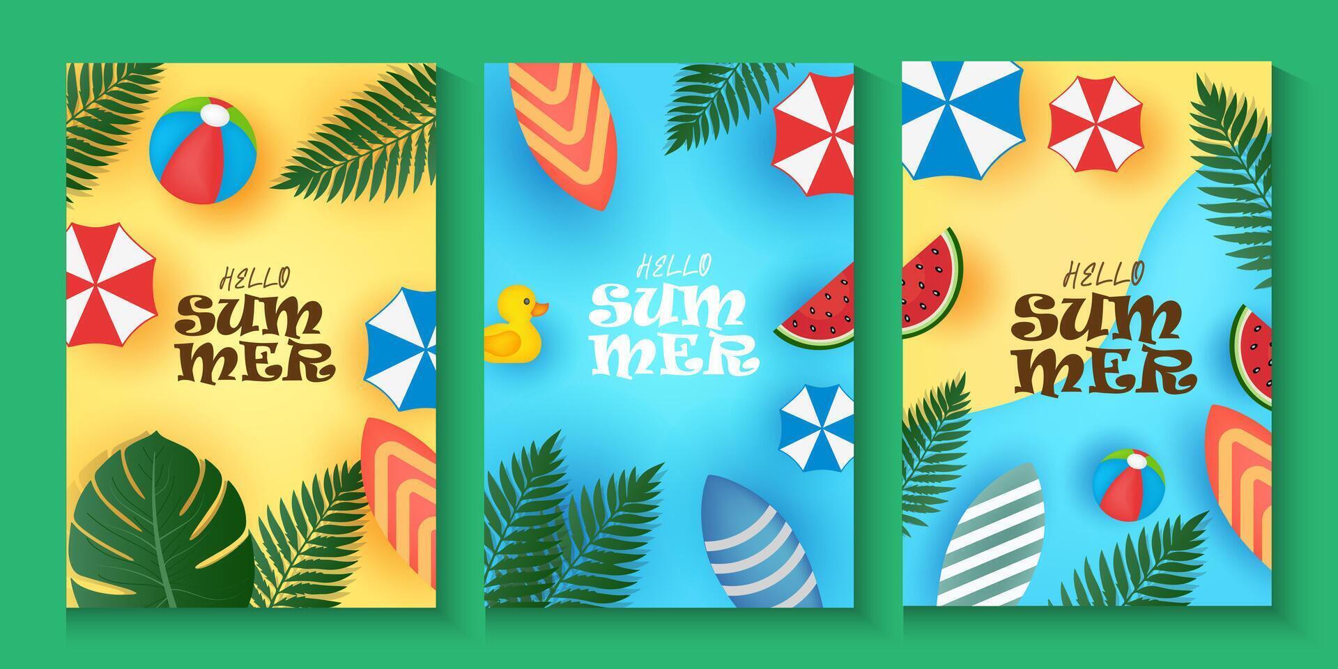 Colorful summer themed illustrations with beach items vector