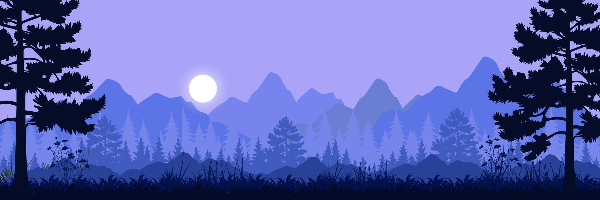 a forest scene with trees and mountains vector