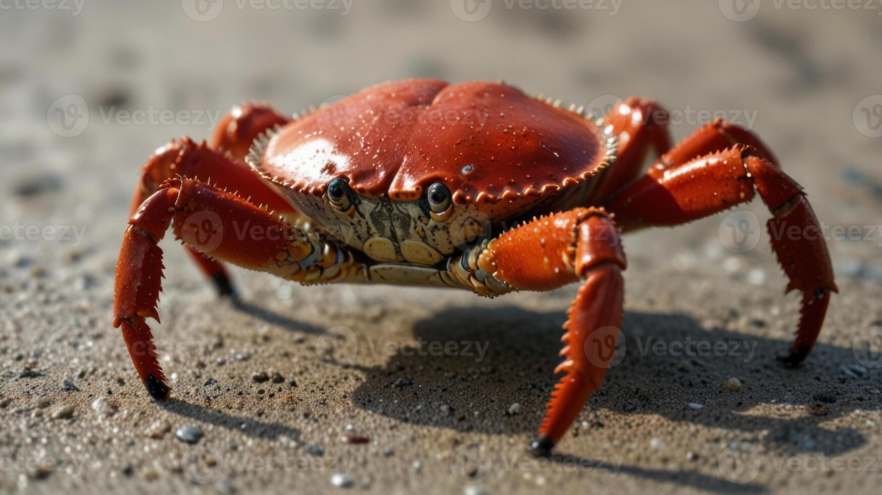 Close-up of a vibrant red crab on sandy ground photo