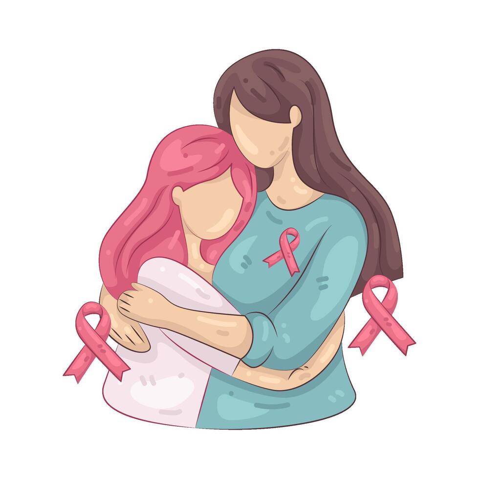 Women hugging with pink ribbons vector