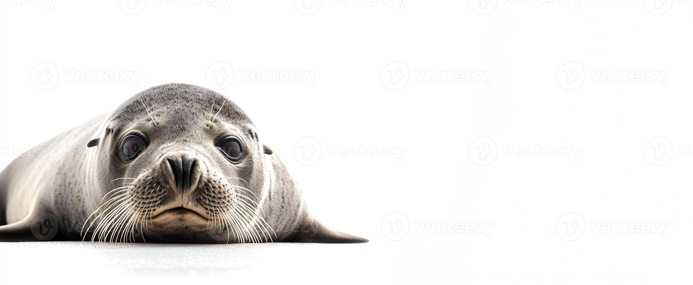 A seal is laying down on a white background photo