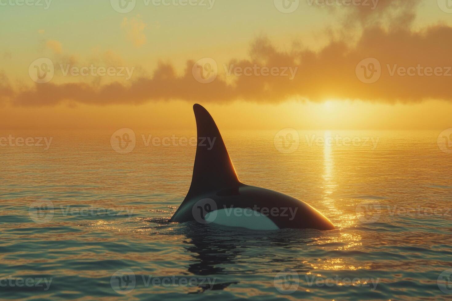 Orca tail fin at sunset photo