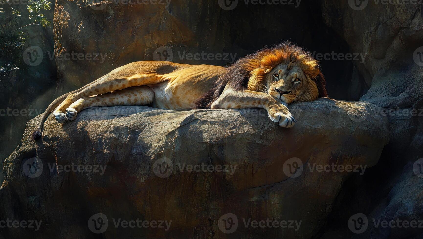 Majestic lion resting on a large rock photo