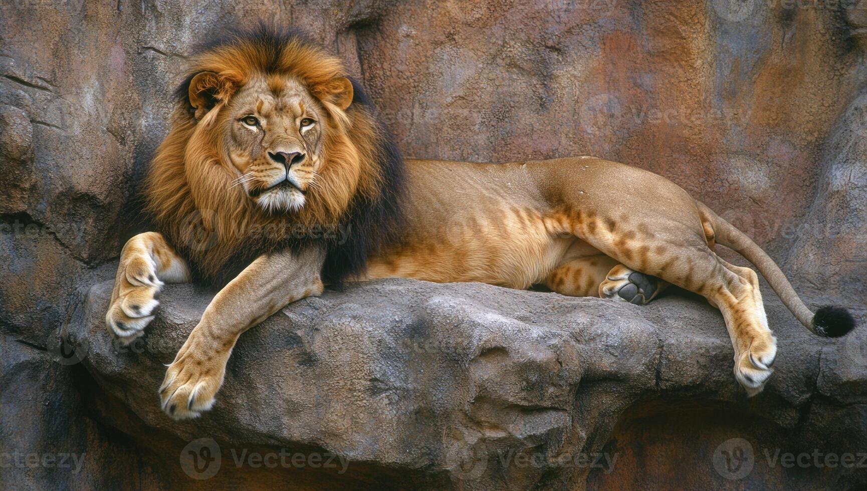 A lion is laying on a rock in front of a wall photo