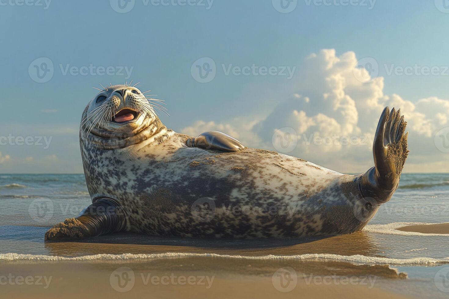 Happy seal basking on beach photo