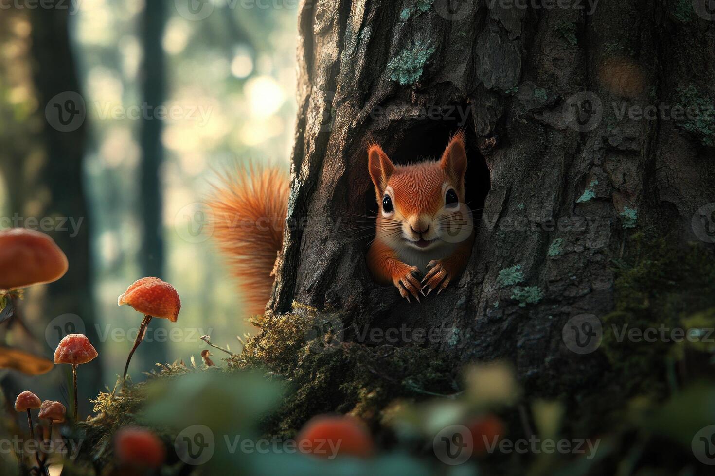 Squirrel peering from tree hole photo