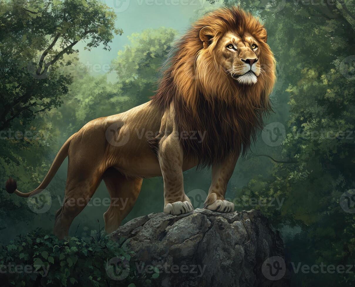 Majestic lion on a rock overlooking a lush forest photo