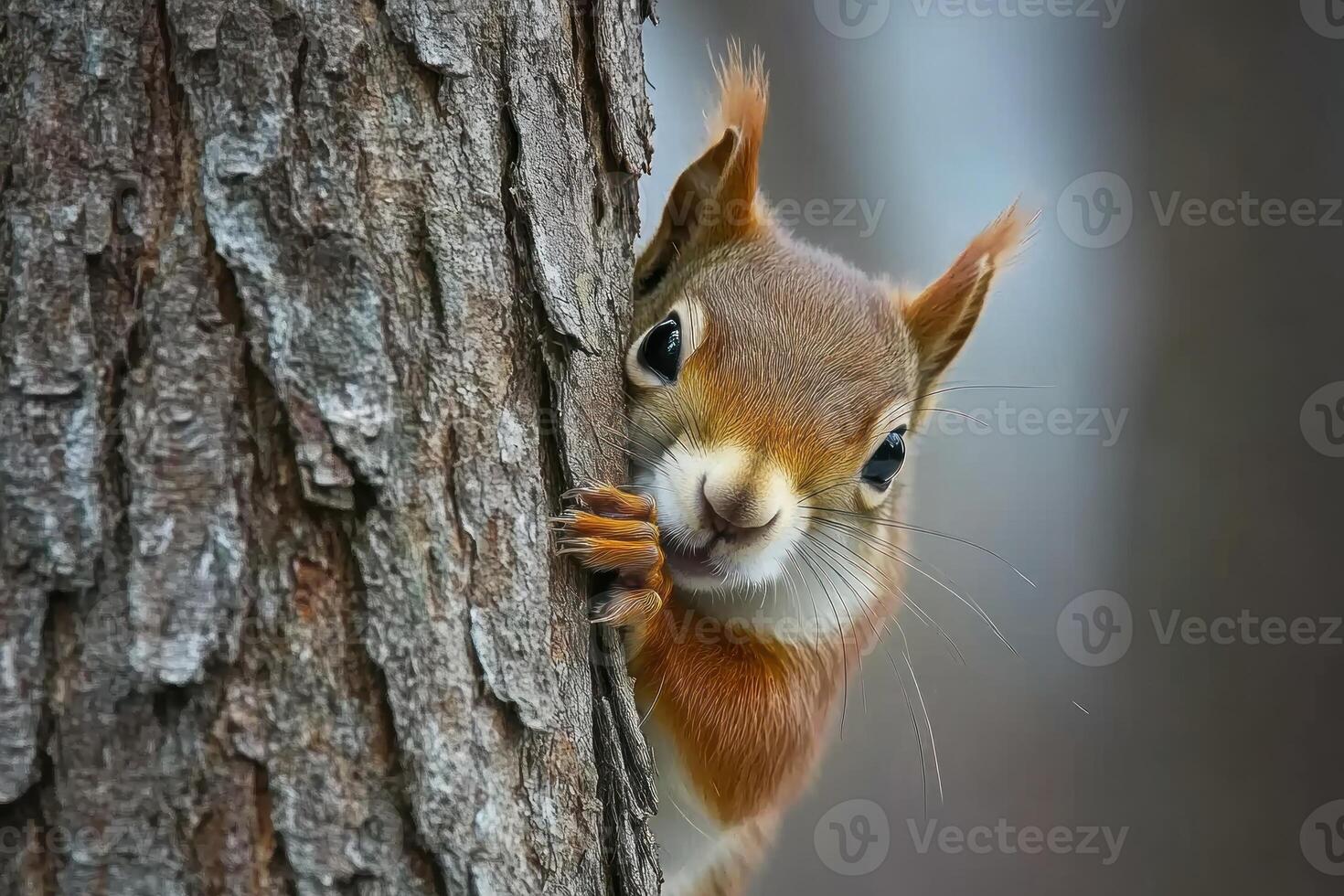 Curious squirrel peeking from behind a tree trunk photo