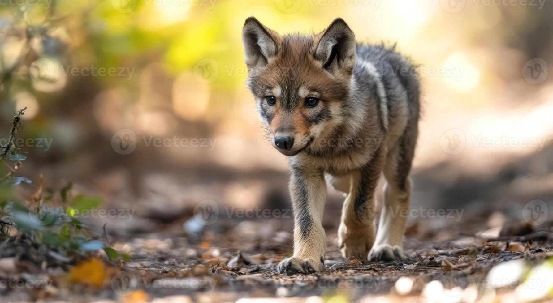 Young wolf pup in forest photo