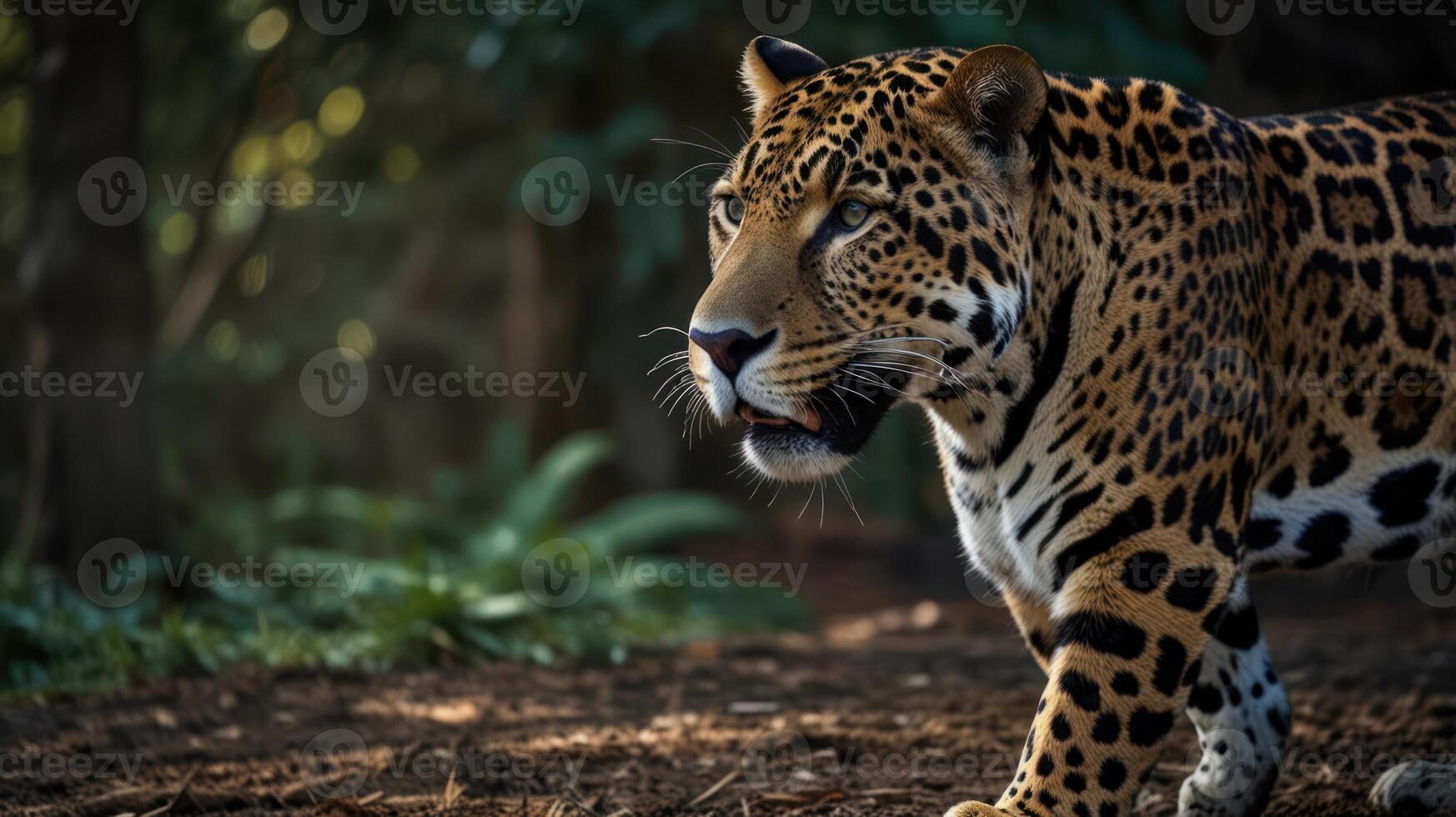 Jaguar in a forest setting. Close-up profile view photo
