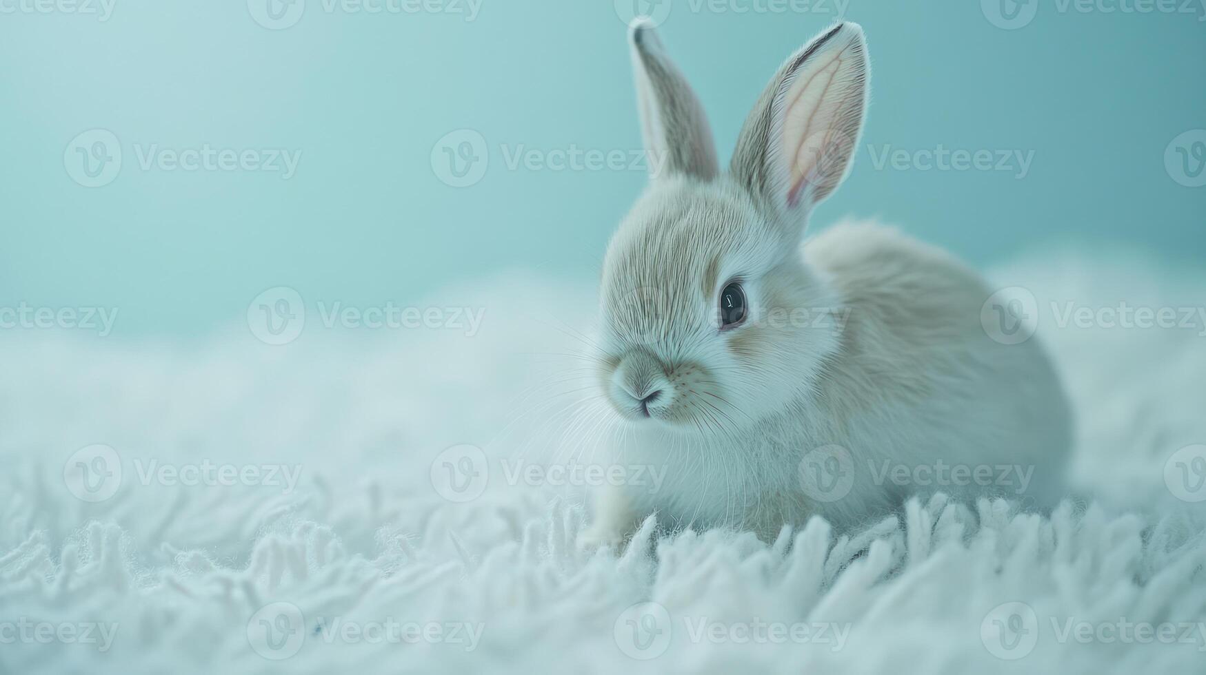 Cute baby rabbit on soft white fur photo
