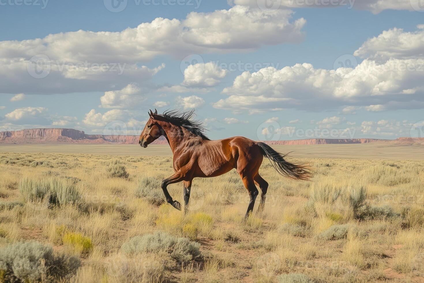 A brown horse galloping across a desert landscape under a partly cloudy sky photo