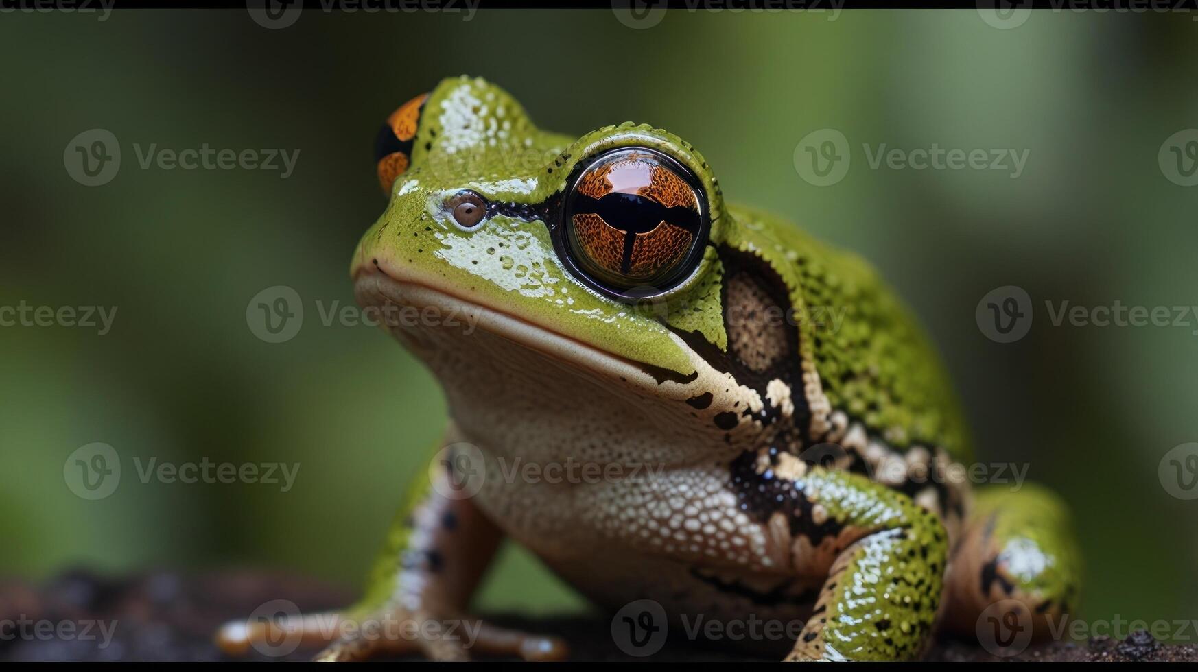 A green frog with red eyes sitting on a branch photo