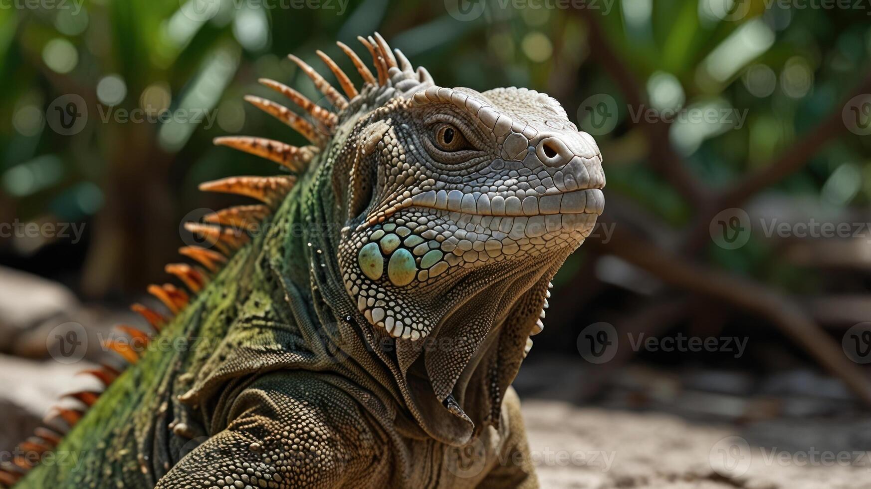 An iguana with a green head and green eyes photo