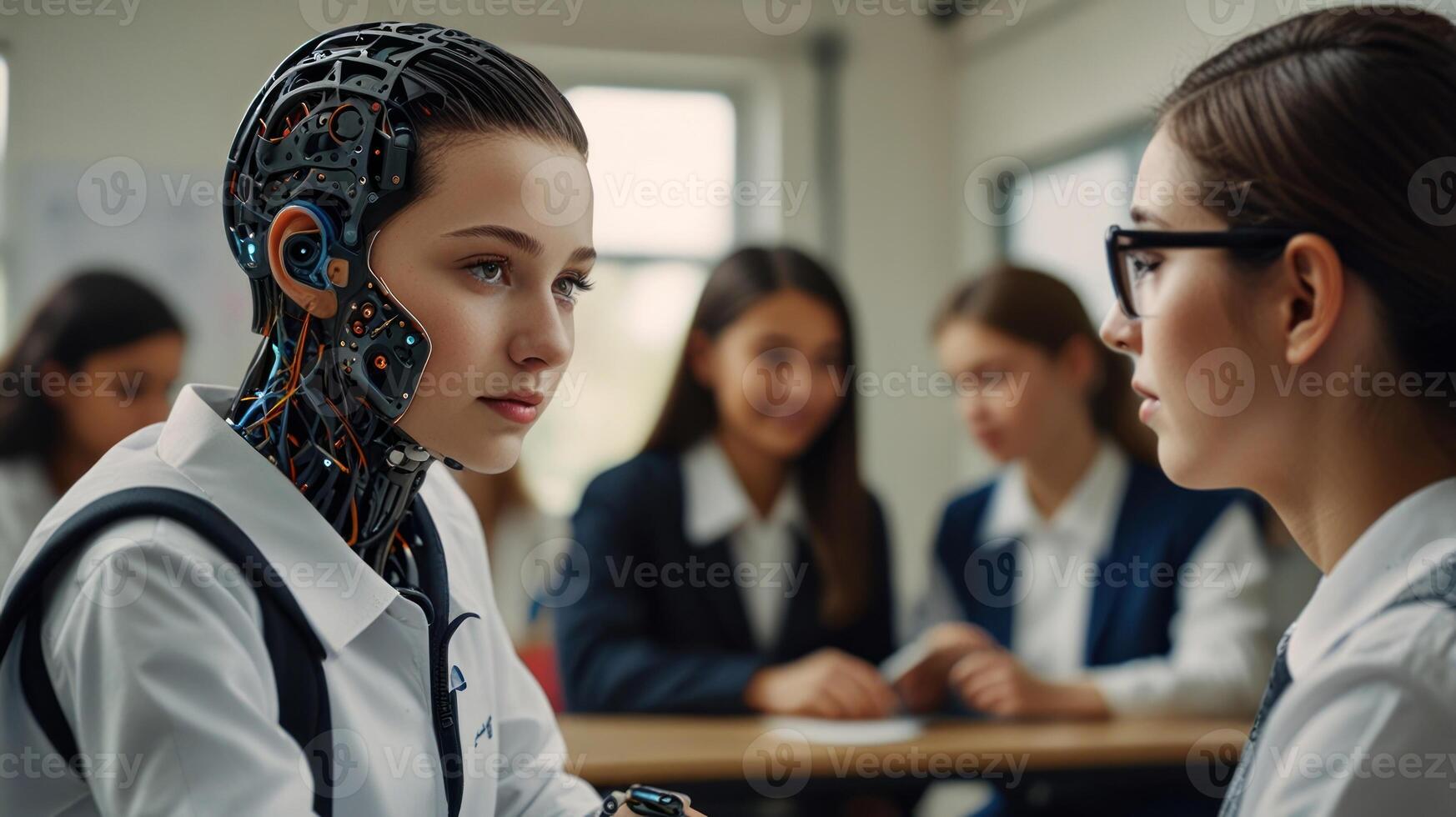 Teen girl and robot in classroom photo