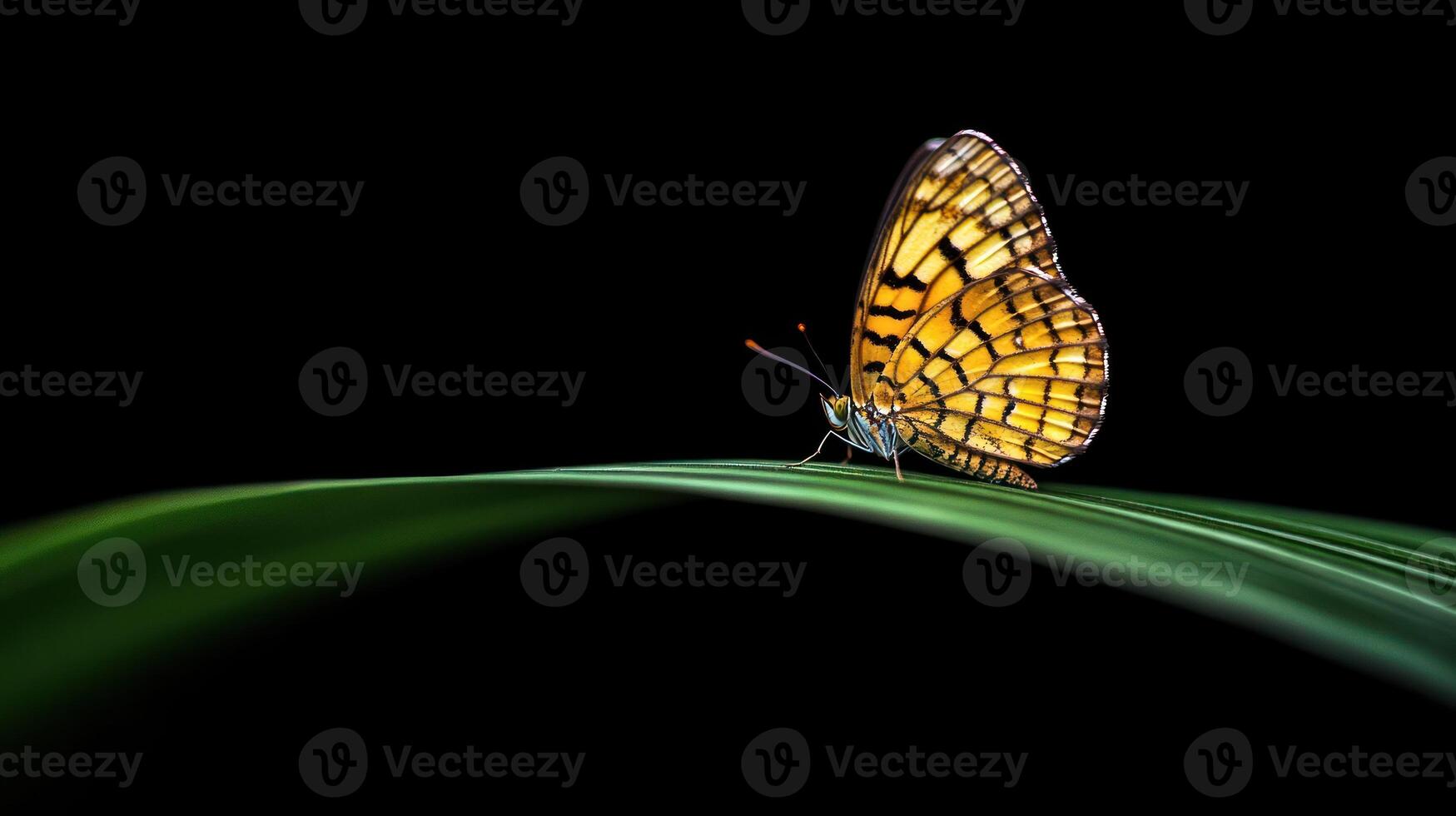 A golden butterfly rests gracefully on a smooth, flowing green surface against a stark black background photo
