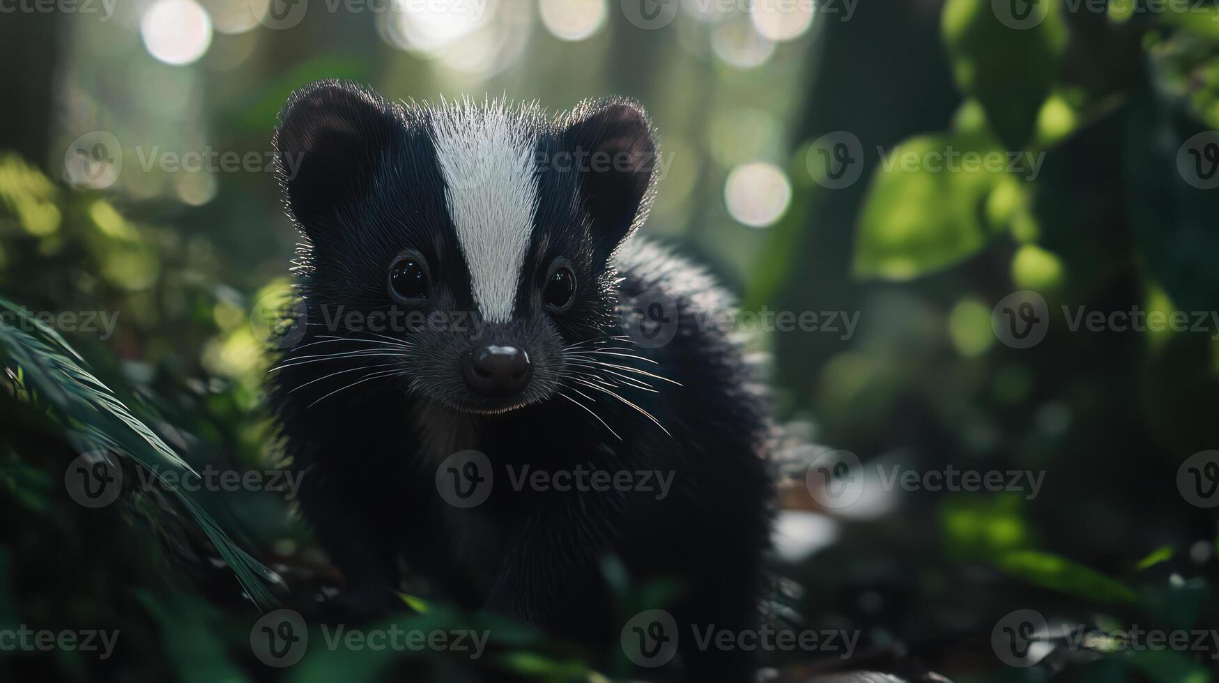 Baby skunk in a lush forest setting photo