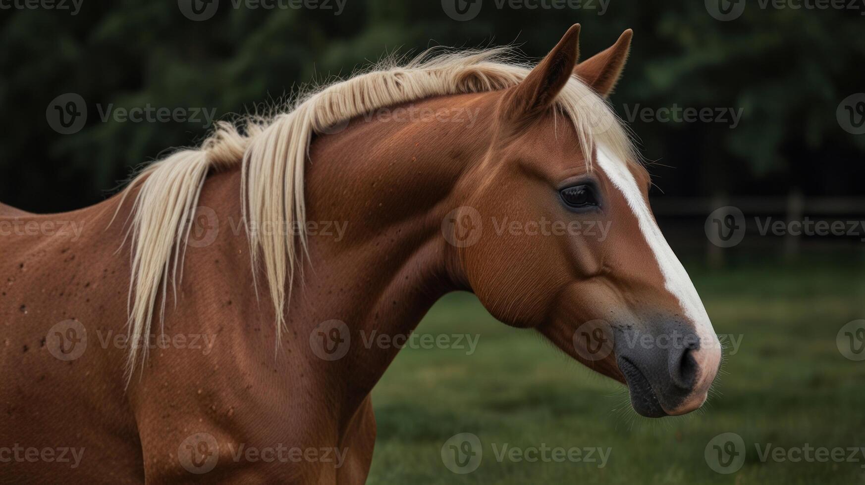 A horse with blonde hair standing in a field photo