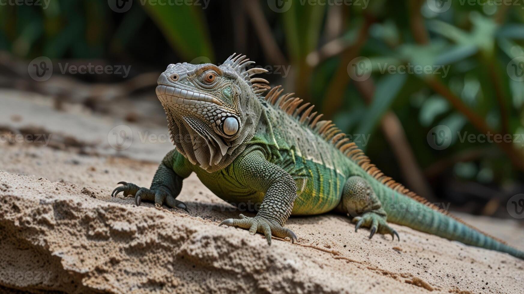 Close-up of a green iguana on tan rock photo