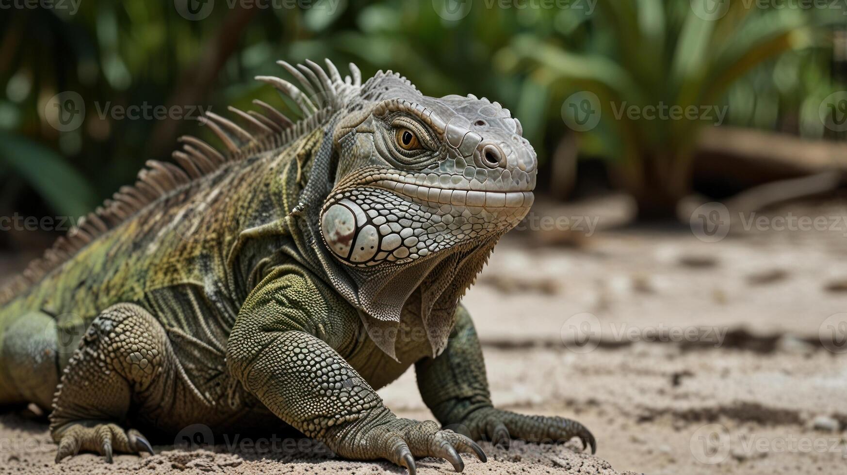 An iguana is sitting on the ground in the sun photo