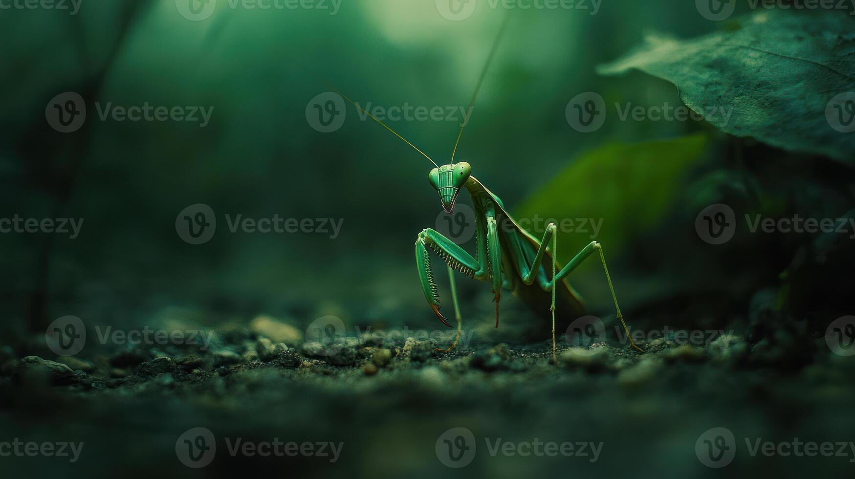 A vibrant green praying mantis positioned on the ground, bathed in a soft, muted green light photo