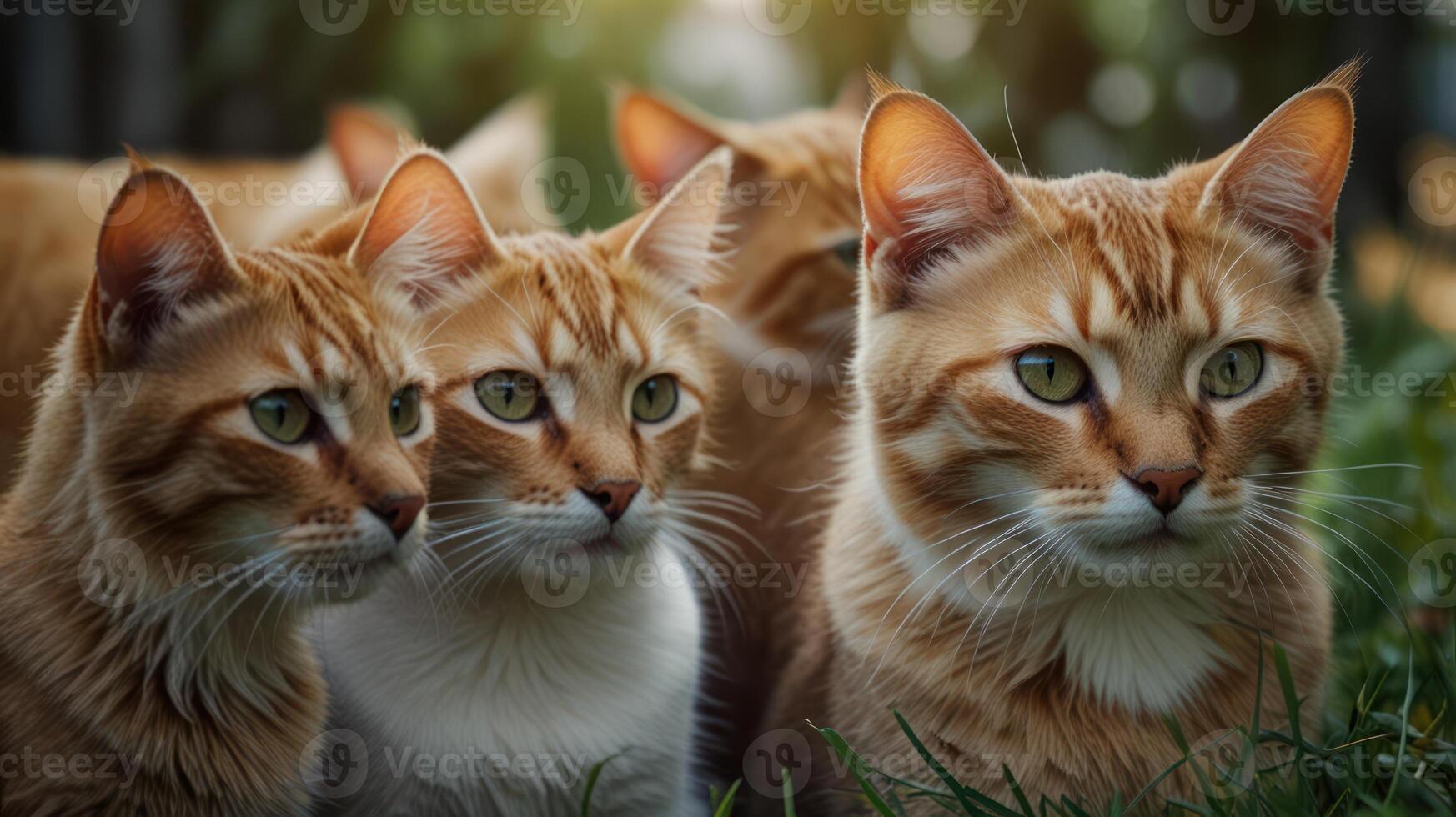 A group of orange and white cats sitting in the grass photo