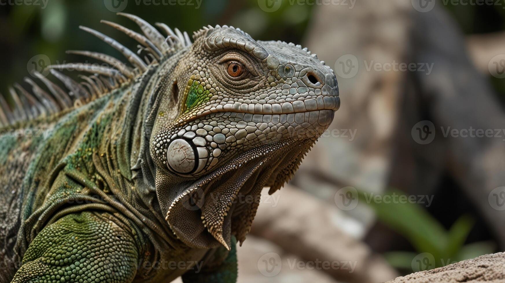 An iguana is standing on a rock photo