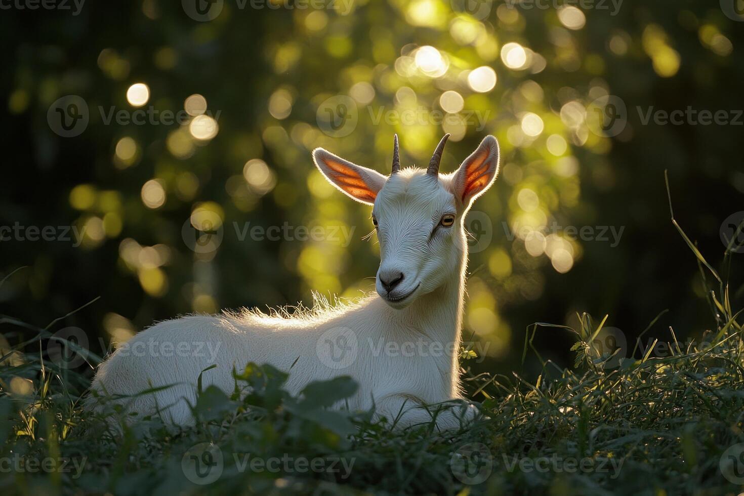 White goat in sunlit forest photo