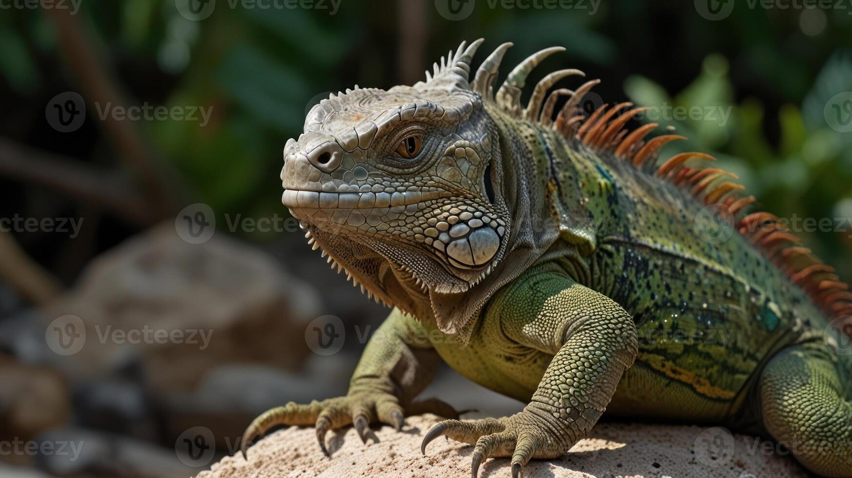 An iguana is sitting on a rock in the sun photo