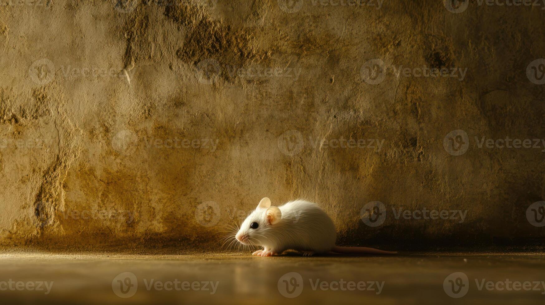 A small white mouse sits on a light beige floor in front of a textured, warm beige wall photo