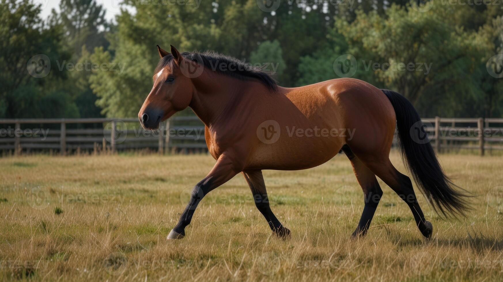 A chestnut horse in motion across a field photo