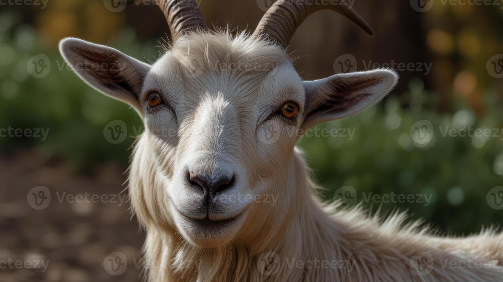 A goat with big horns standing in the grass photo