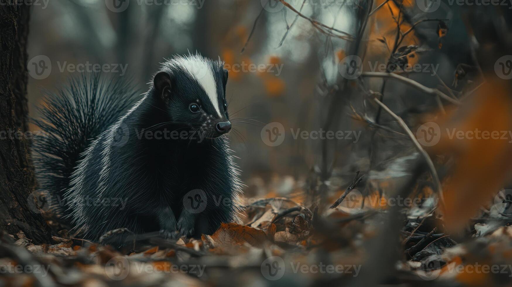 A skunk in a fall forest photo
