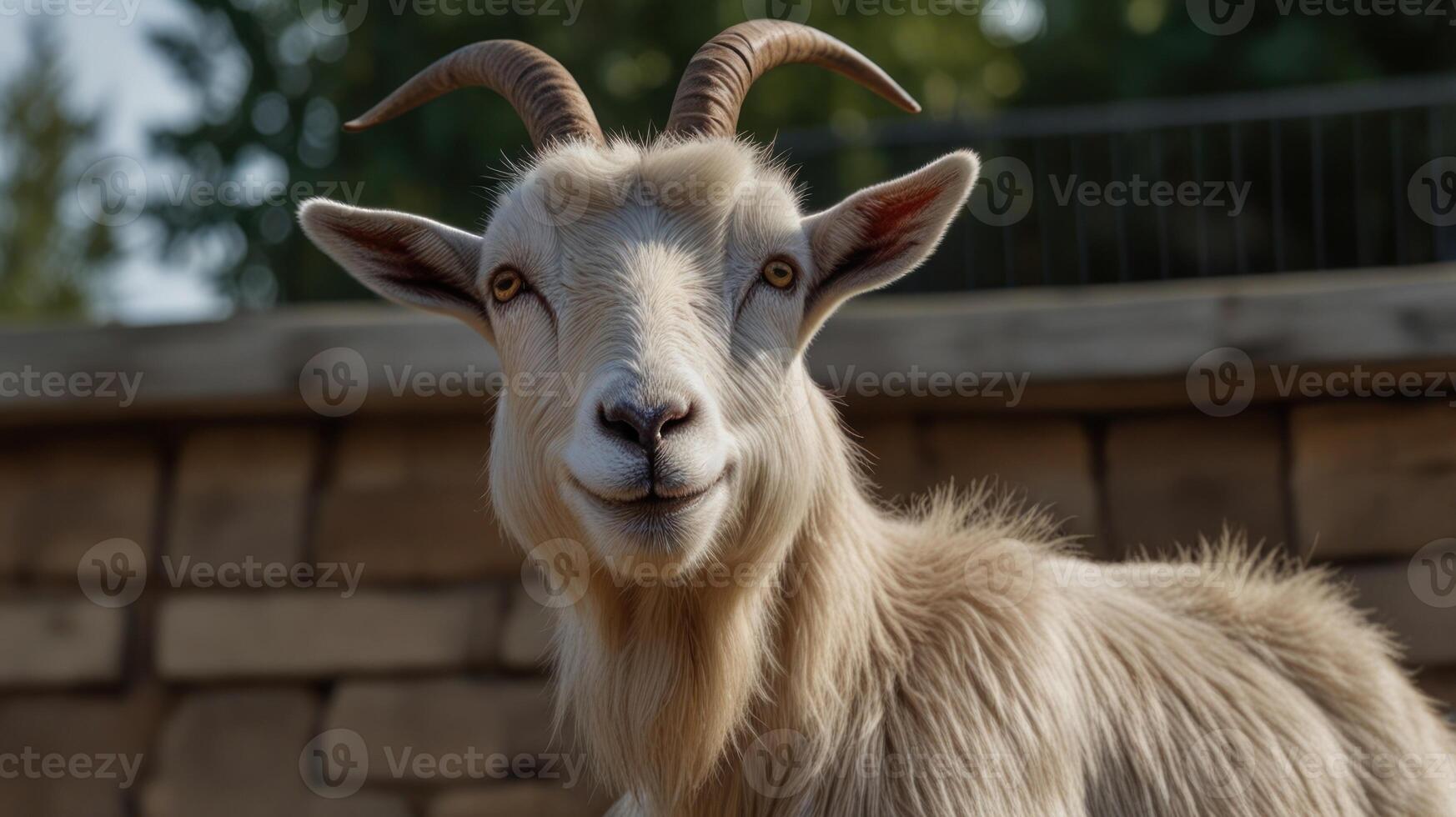 A goat with long horns standing in front of a stone wall photo
