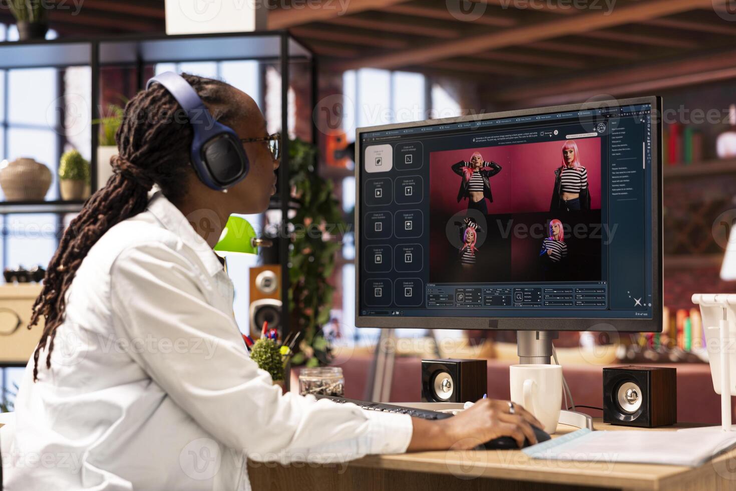Woman in apartment using AI software turning text prompt into photos and listening music. Person in brick wall home loft wearing headphones uses text to image generative models on PC