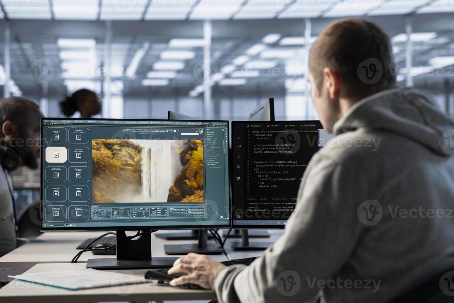 Technician in server hub making AI software turning text prompt into photos. Data center employee building text to image artificial intelligence generator transforming words into pictures photo