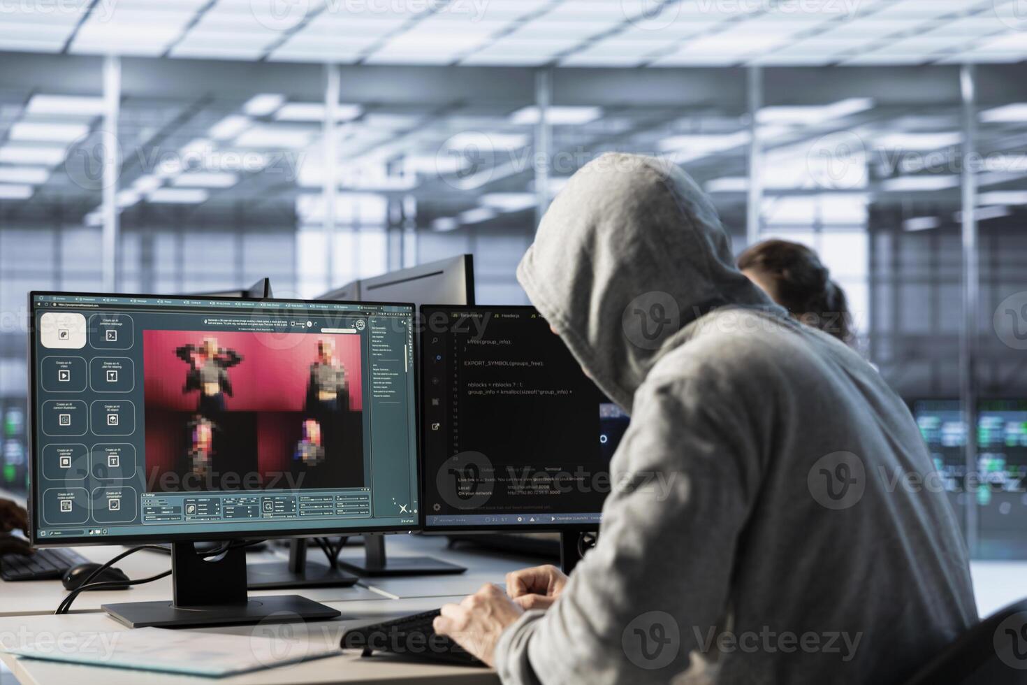System administrator in server hub coding AI program turning text prompt into photos. Hooded man in data center using computer to build text to image artificial intelligence generative models photo