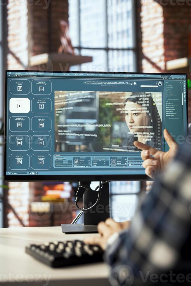 Man in home office using generative artificial intelligence website generating videos using diffusion models. Person having conversation with AI virtual assistant producing clips photo