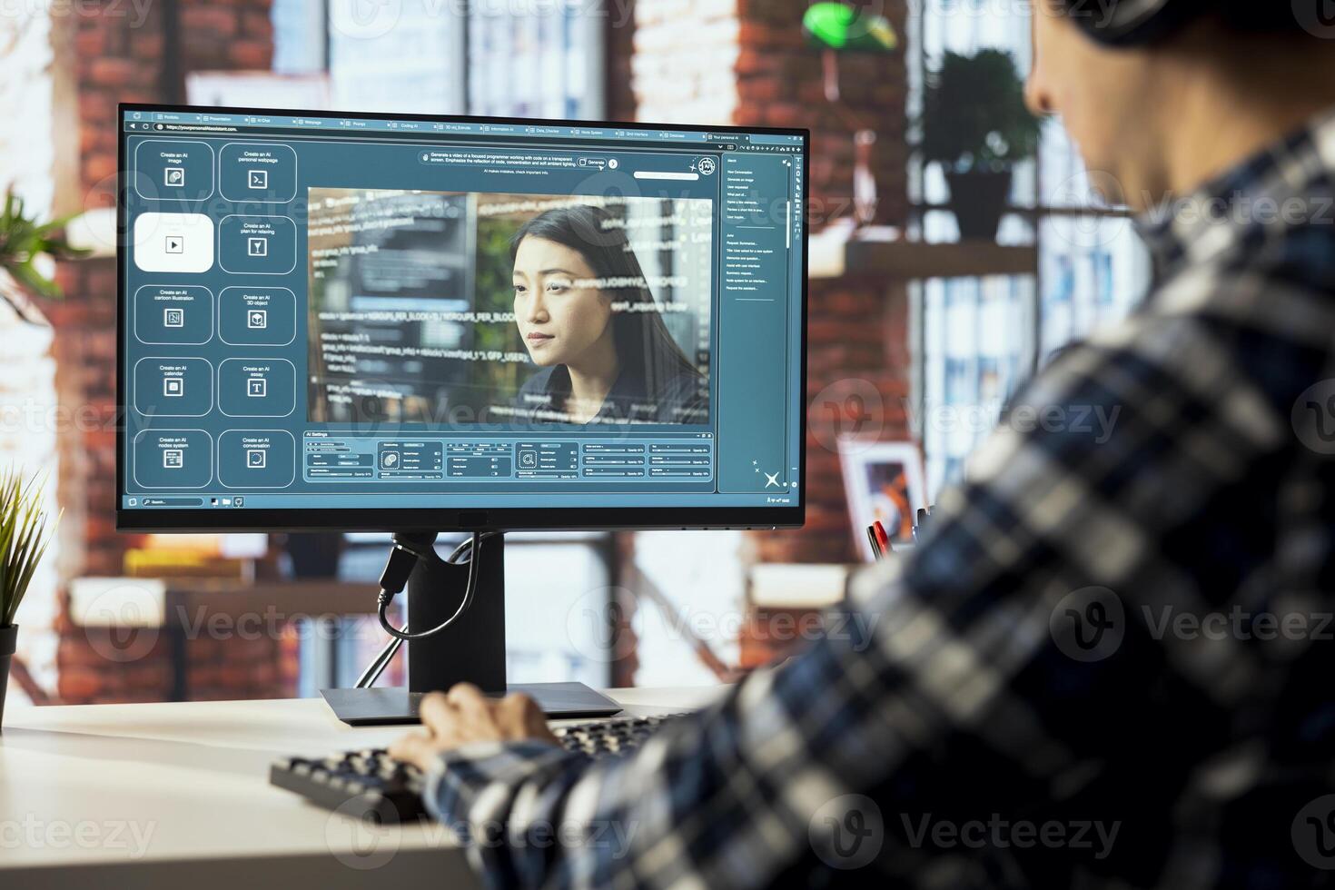 Graphic editor at workstation arranging interface elements in PC software, positioning buttons, placing text input fields for AI GPT functions, linking output controls, structuring navigation menus photo