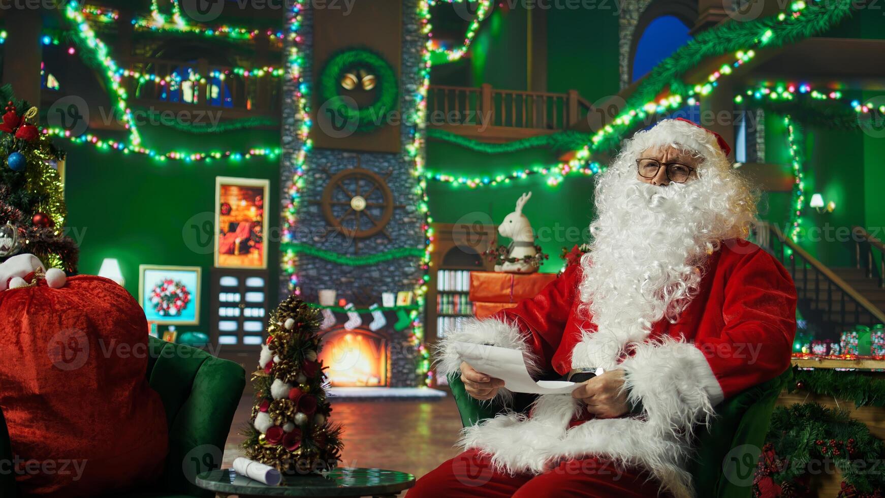 Elderly man dressed as Santa Claus opening letter received from kids asking for presents. Older person wearing Santa costume in Christmas decorated room reading letter from children, camera A photo