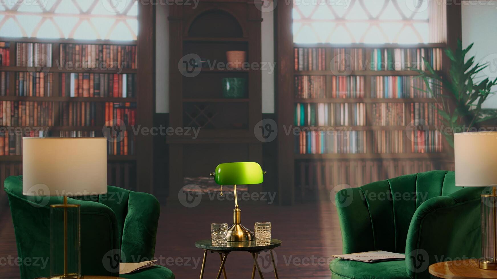 Empty book filled traditional study room with green armchairs and warm wood tones exudes a cozy upscale atmosphere. Space ideal for elite aristocracy gatherings and drinking whiskey. photo