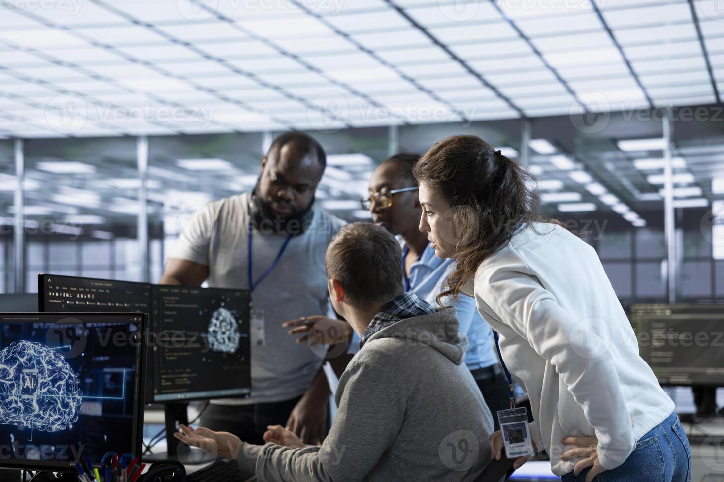 Engineer doing brainstorming with colleagues to fix error in code affecting server room AI workloads. Team of artificial intelligence experts repairing data center systems together photo
