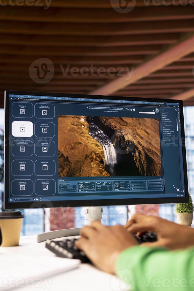 Man at home using generative artificial intelligence website generating videos using diffusion models. Person in apartment using AI virtual assistant producing clips, close up shot photo