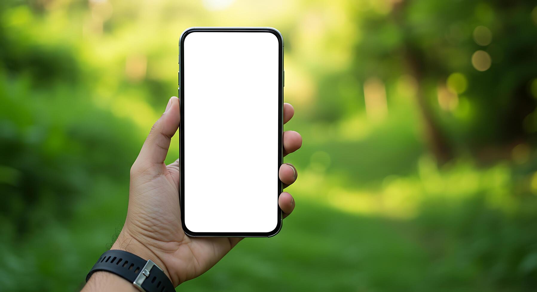 A person holding up a blank white phone screen photo