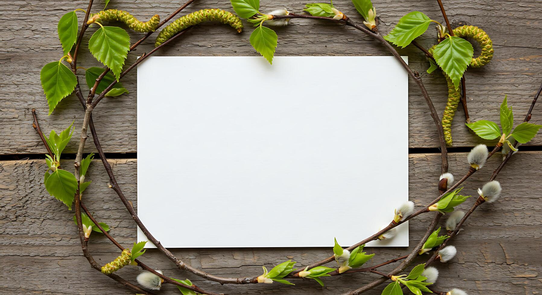 A blank sheet of paper surrounded by branches and leaves photo