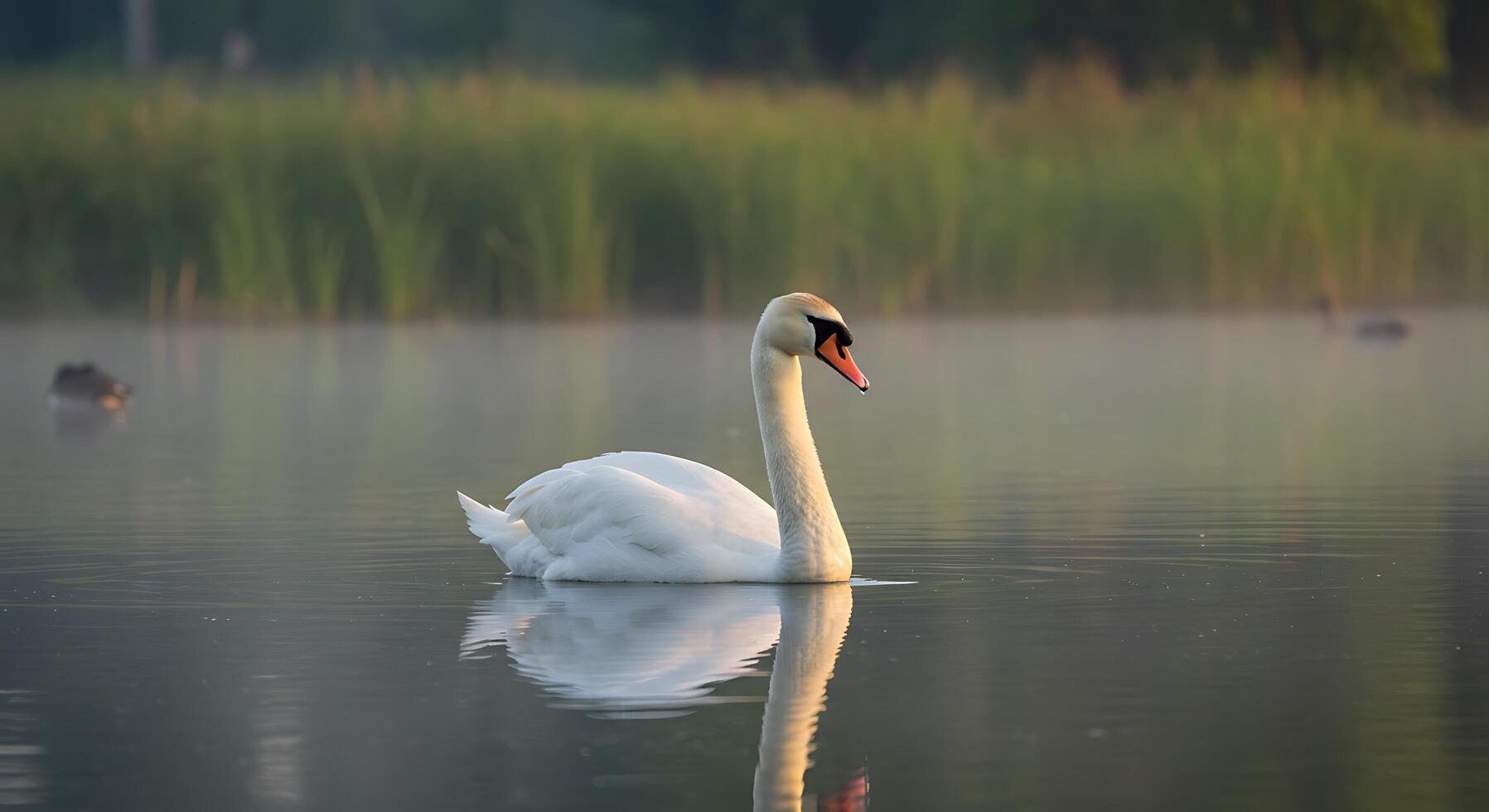 Swan on lake in fog photo