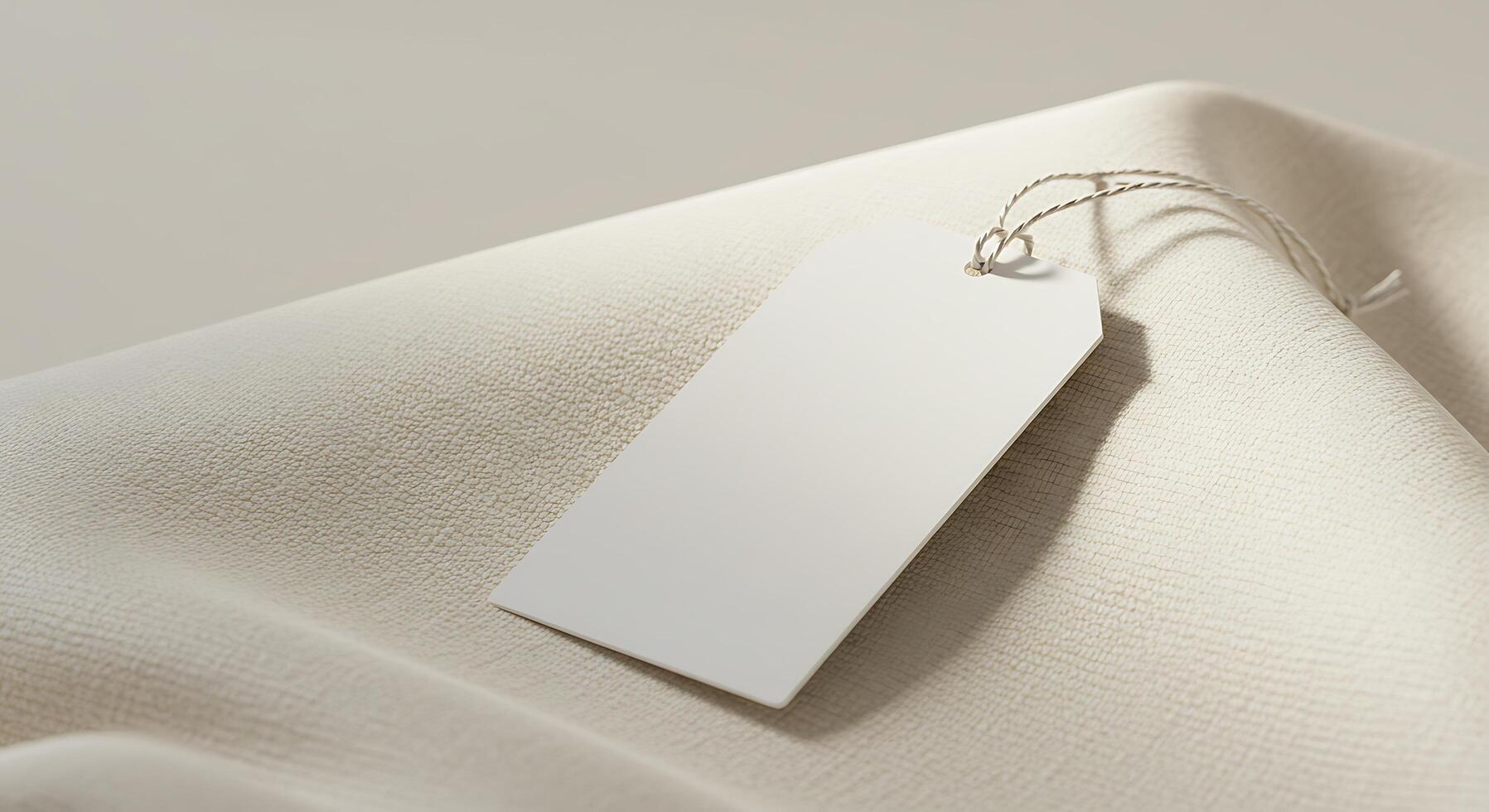 White tag hanging from a string on a beige fabric photo