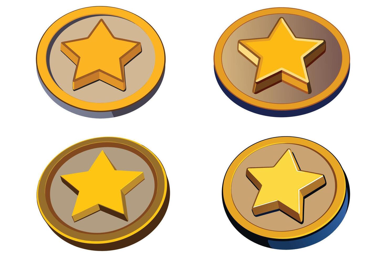 3D isometric star icon placed inside a circular badge frame, shiny metallic gold surface, realistic reflections vector