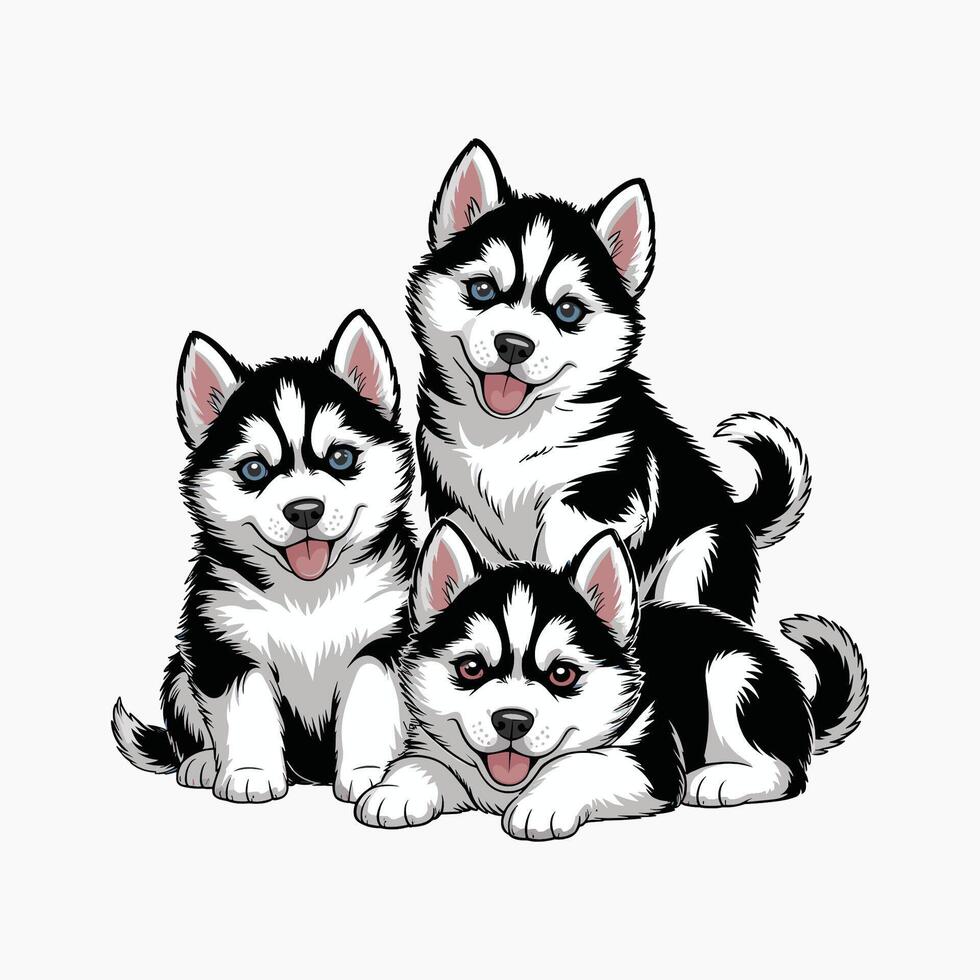 illustration of three cute sitting siberian husky puppies vector