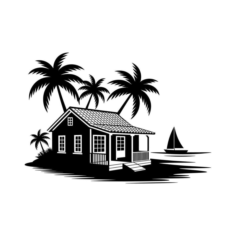Tropical island house with palm trees and sailboat vector